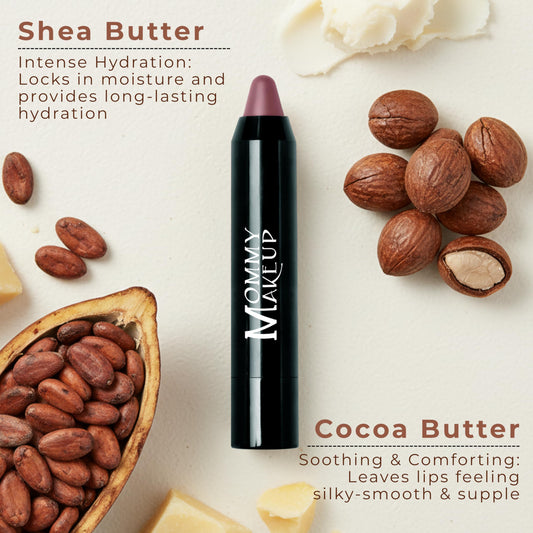 Mommy Makeup Triple Sticks Toasted Berry in use, delivering creamy lip color and natural glow.