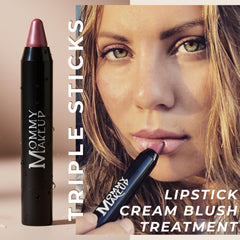 Mommy Makeup Triple Sticks Shea Cocoa Butter hydrates lips and cheeks softly.