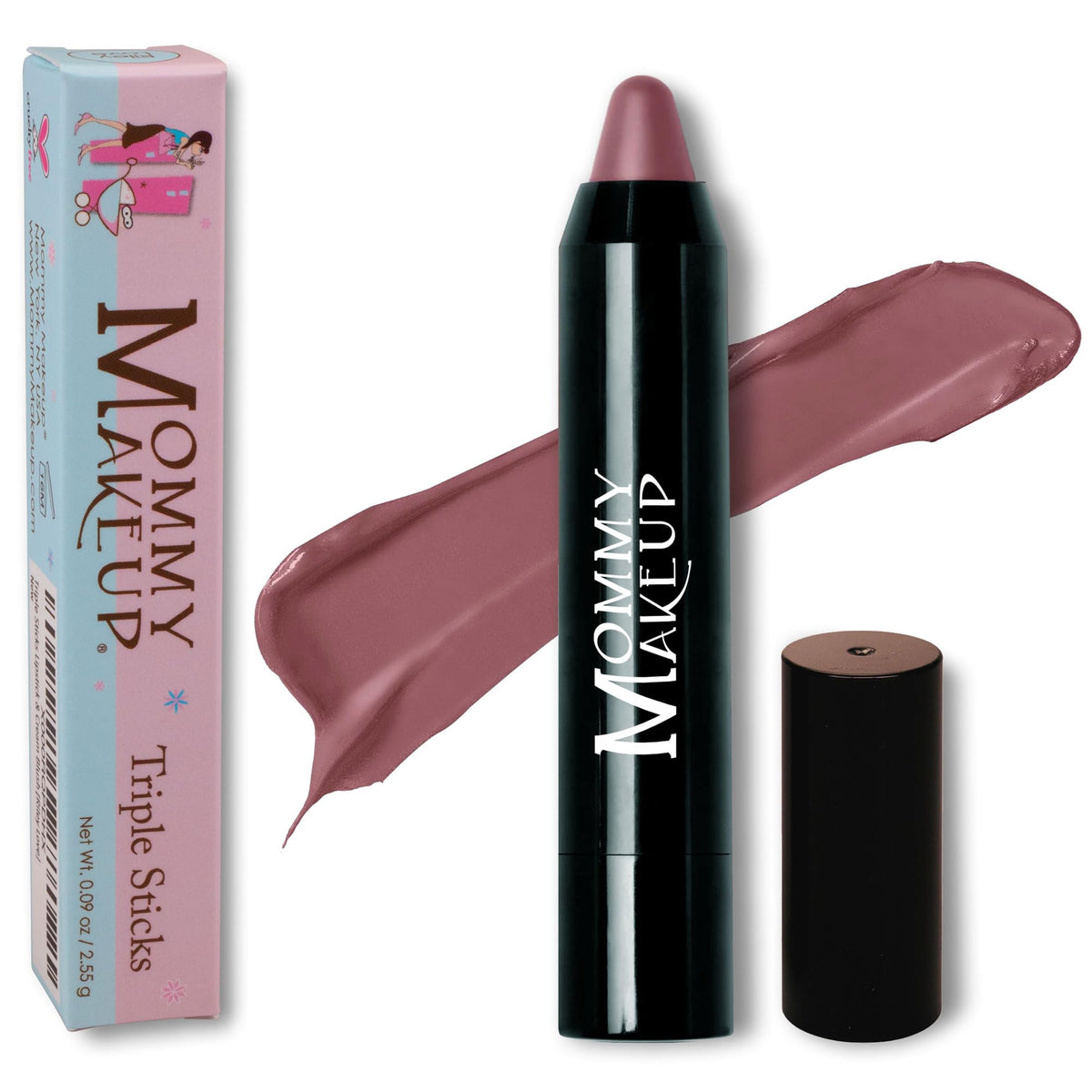 Mommy Makeup Triple Sticks Toasted Berry versatile lip and cheek color with hydrating shea butter for everyday wear.