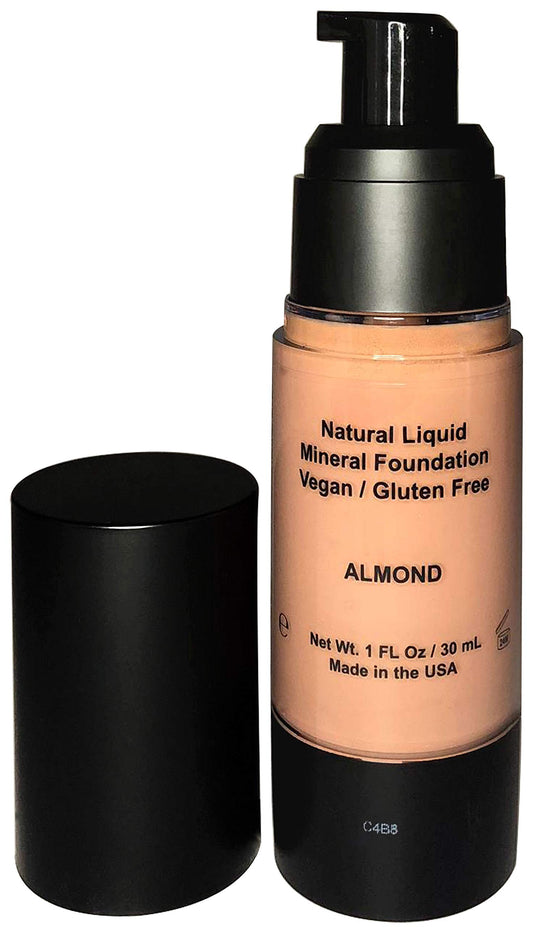 Moms Secret natural liquid foundation almond bottle showcases vegan gluten free formula for clean beauty.