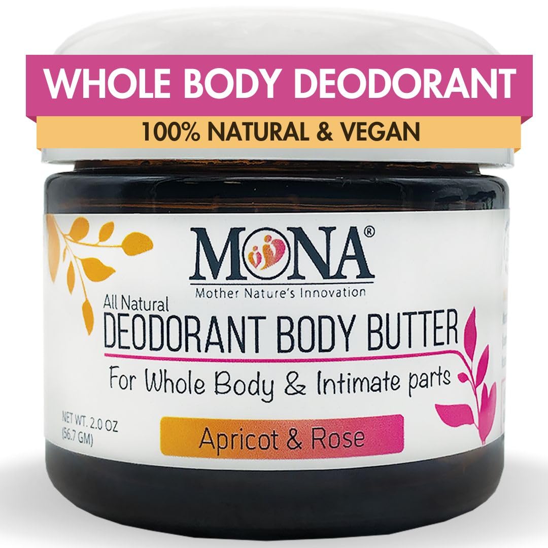 MONA apricot-rose deodorant jar shows all-day natural freshness.