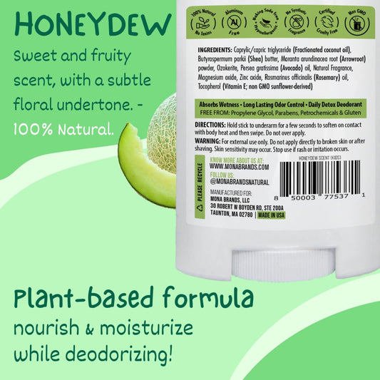 MONA Honeydew Kids Deodorant 2-pack back view shows ingredients and safety