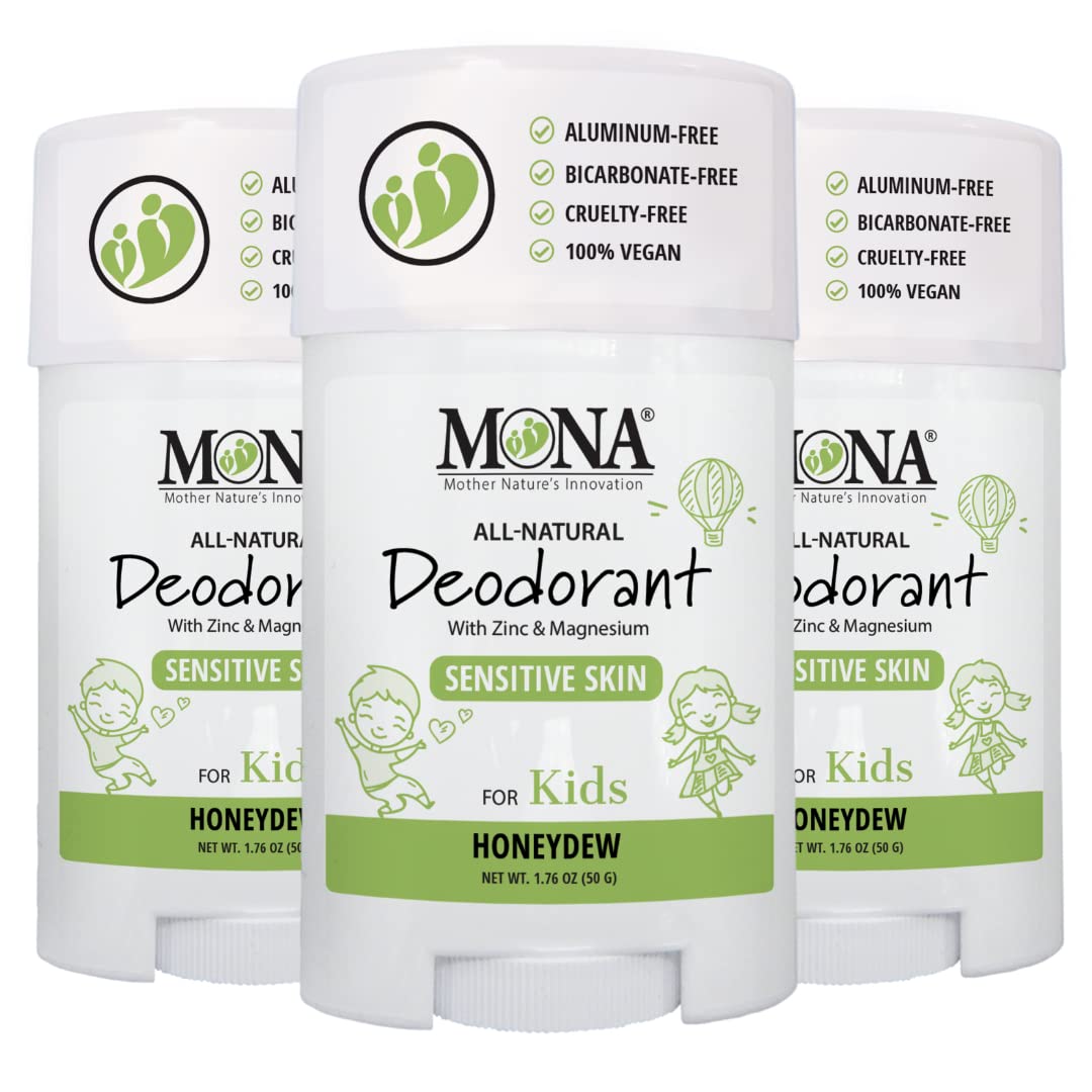 MONA kids deodorant in honeydew packaging, ideal for daily school use