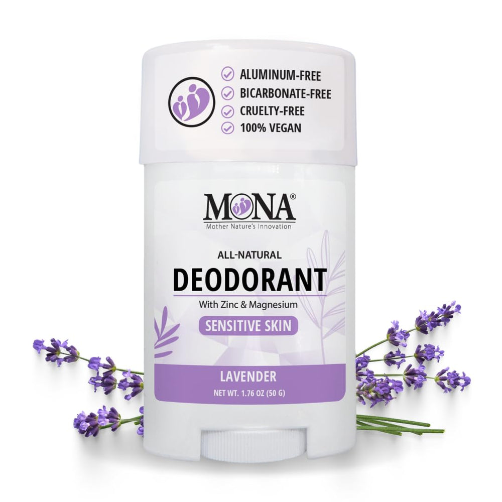 MONA Lavender deodorant bottle showing aluminum-free natural formula for sensitive skin