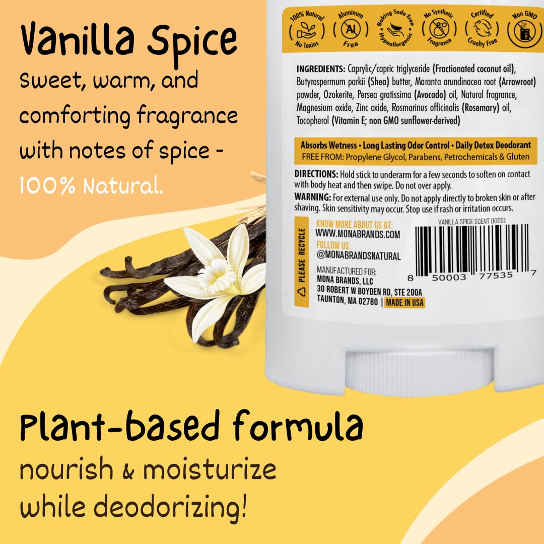 MONA Vanilla Spice packaging highlighting aluminum-free formula and travel-ready size