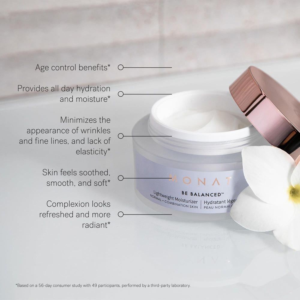 MONAT Be Balanced hyaluronic acid illustration highlighting hydration and plumpness.