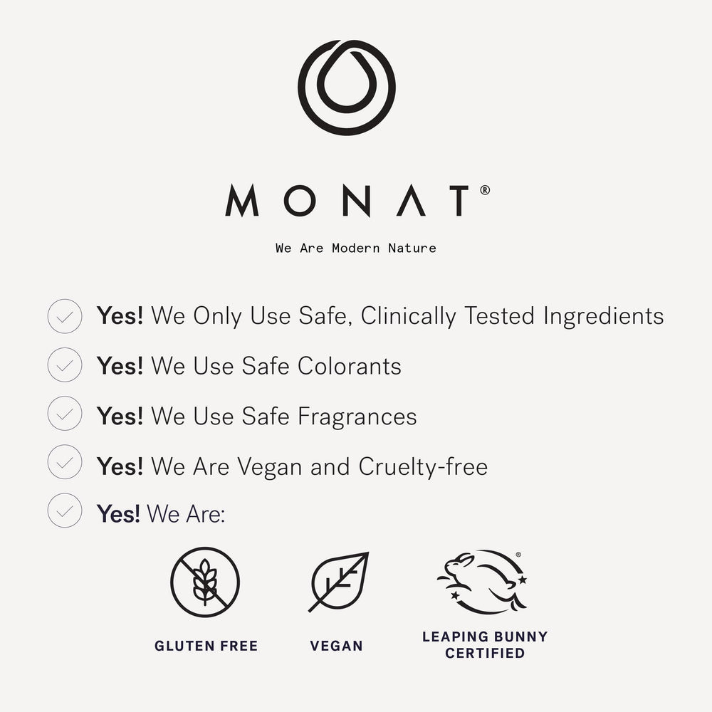 MONAT Be Balanced model applying moisturizer with soft upward strokes.