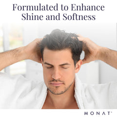 Leave-in application of MONAT CC Cream for Hair on a strand for quick smoothing.