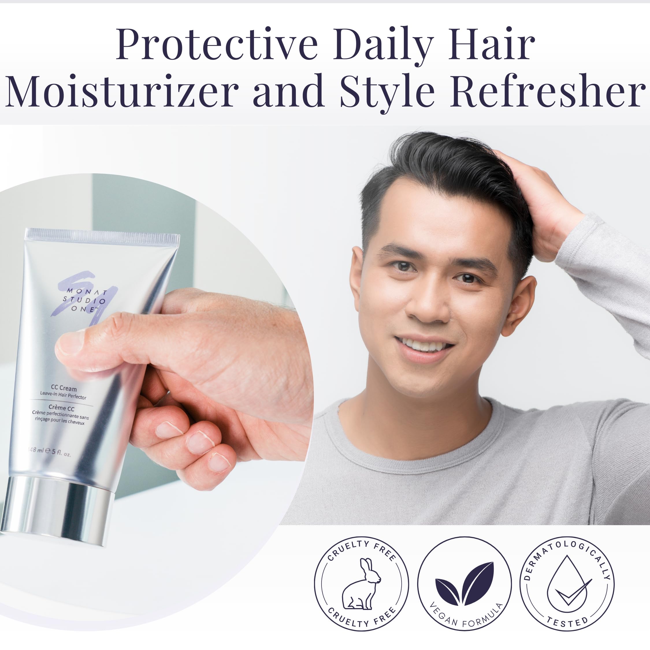 Packaging display of MONAT CC Cream for Hair in compact 5 oz jar.