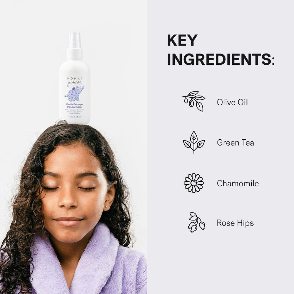 Detangler applied to damp hair for gentle detangling on kids' hair.