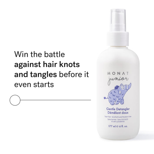 MONAT Junior Gentle Detangler spray mist ready to detangle damp hair.