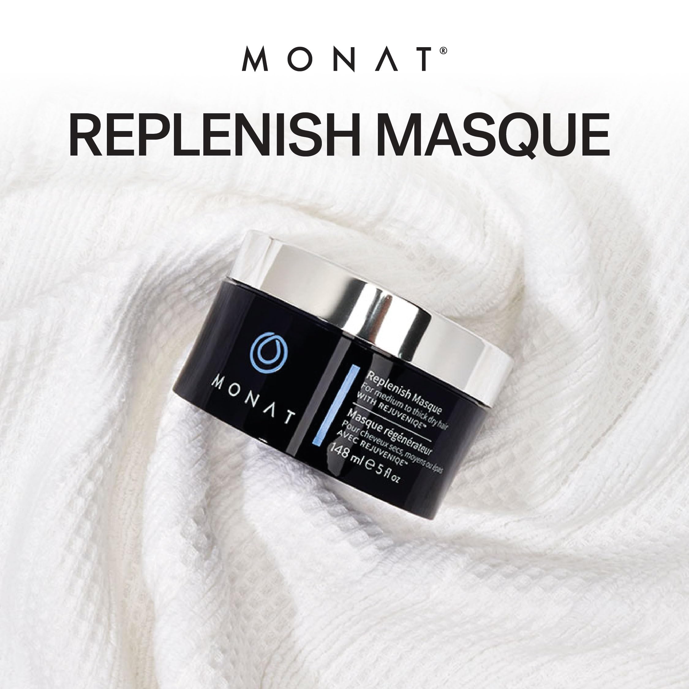 MONAT Replenish Masque hair application scene demonstrating smoothing and conditioning.