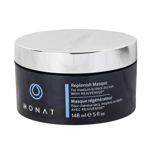 MONAT Replenish Masque jar close-up showing rich hydration for hair.