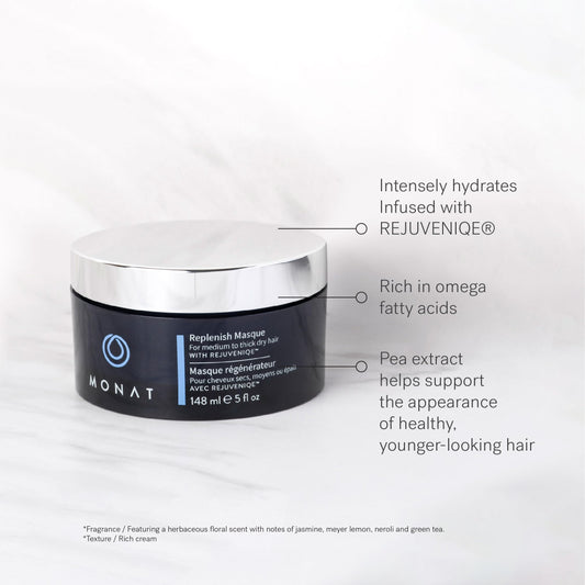 MONAT Replenish Masque label close-up highlighting premium conditioning ingredients.