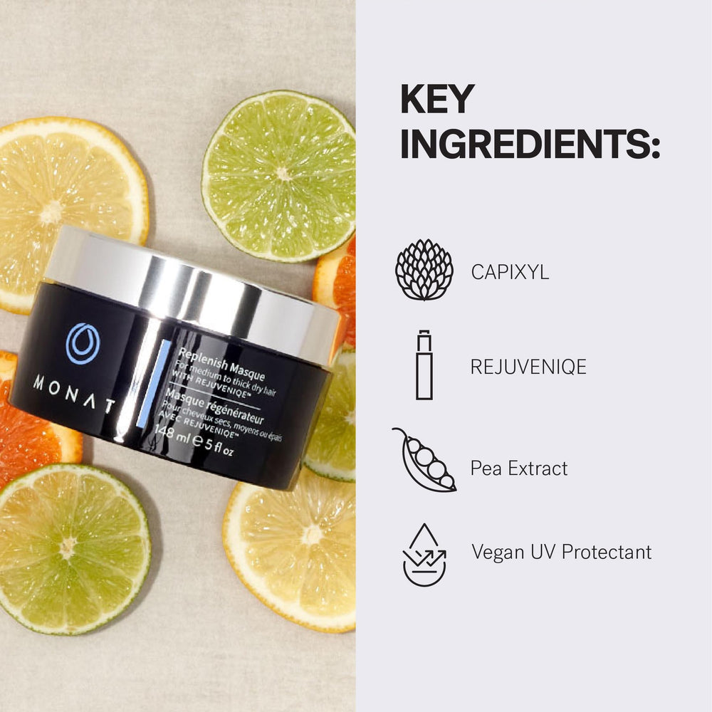 MONAT Replenish Masque on wet hair showing softness and manageability.