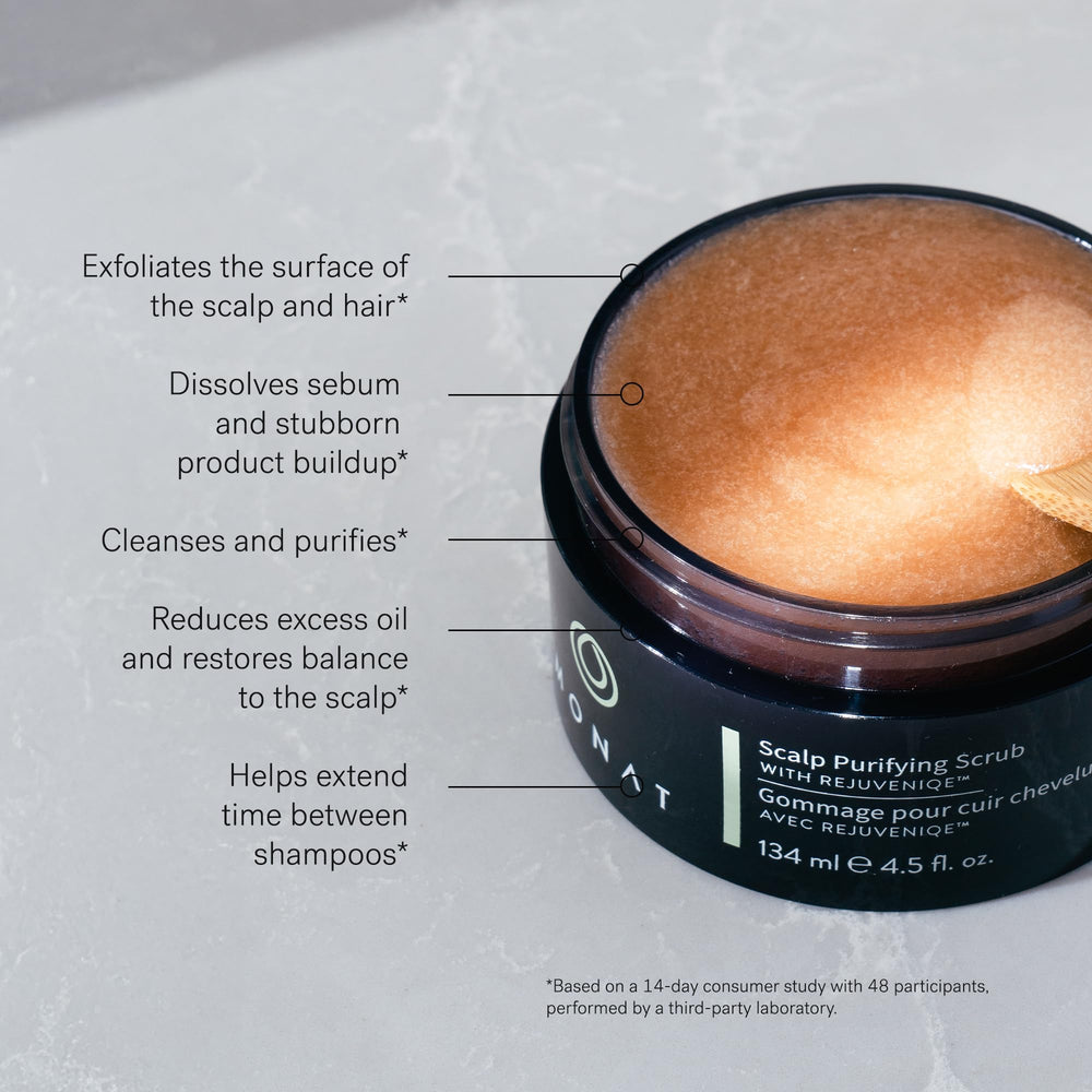 MONAT Scalp Purifying Scrub lather in action helps remove buildup and impurities.