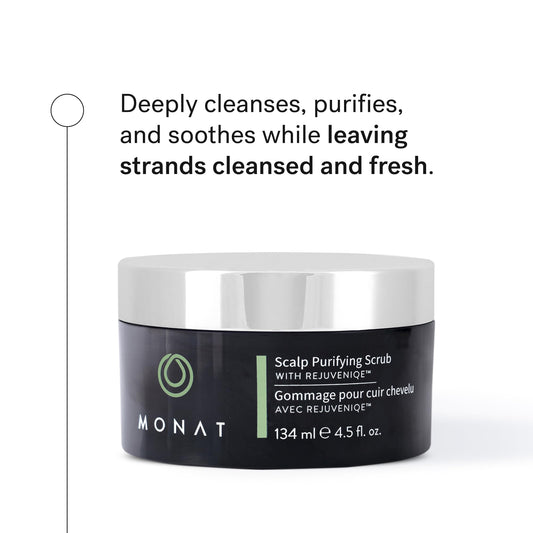 MONAT Scalp Purifying Scrub texture closeup highlights exfoliating grains for scalp cleansing.