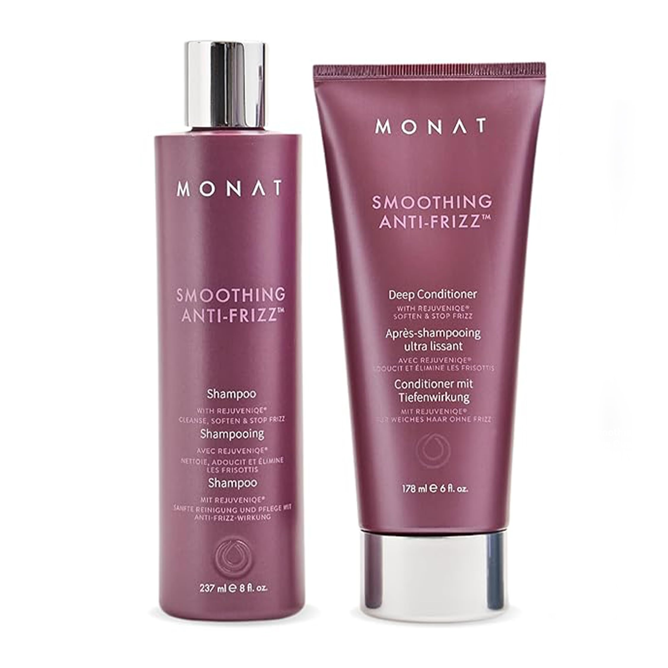 MONAT Smoothing Anti-Frizz Set shampoo bottle for lightweight cleansing and frizz control.