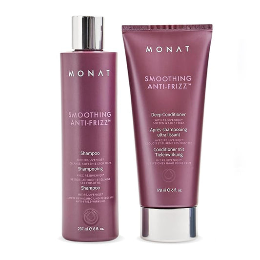 MONAT Smoothing Anti-Frizz Set shampoo bottle for lightweight cleansing and frizz control.