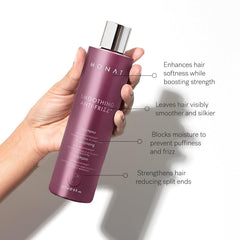 MONAT smoothing anti-frizz shampoo foamy lather cleanses while delivering moisture.