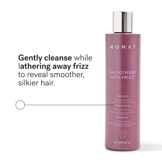 MONAT smoothing anti-frizz shampoo pump demonstrates easy, quick application.