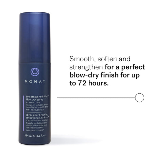 MONAT Smoothing Anti-Frizz Blowout Spray Application promotes quick-dry styling with frizz control.