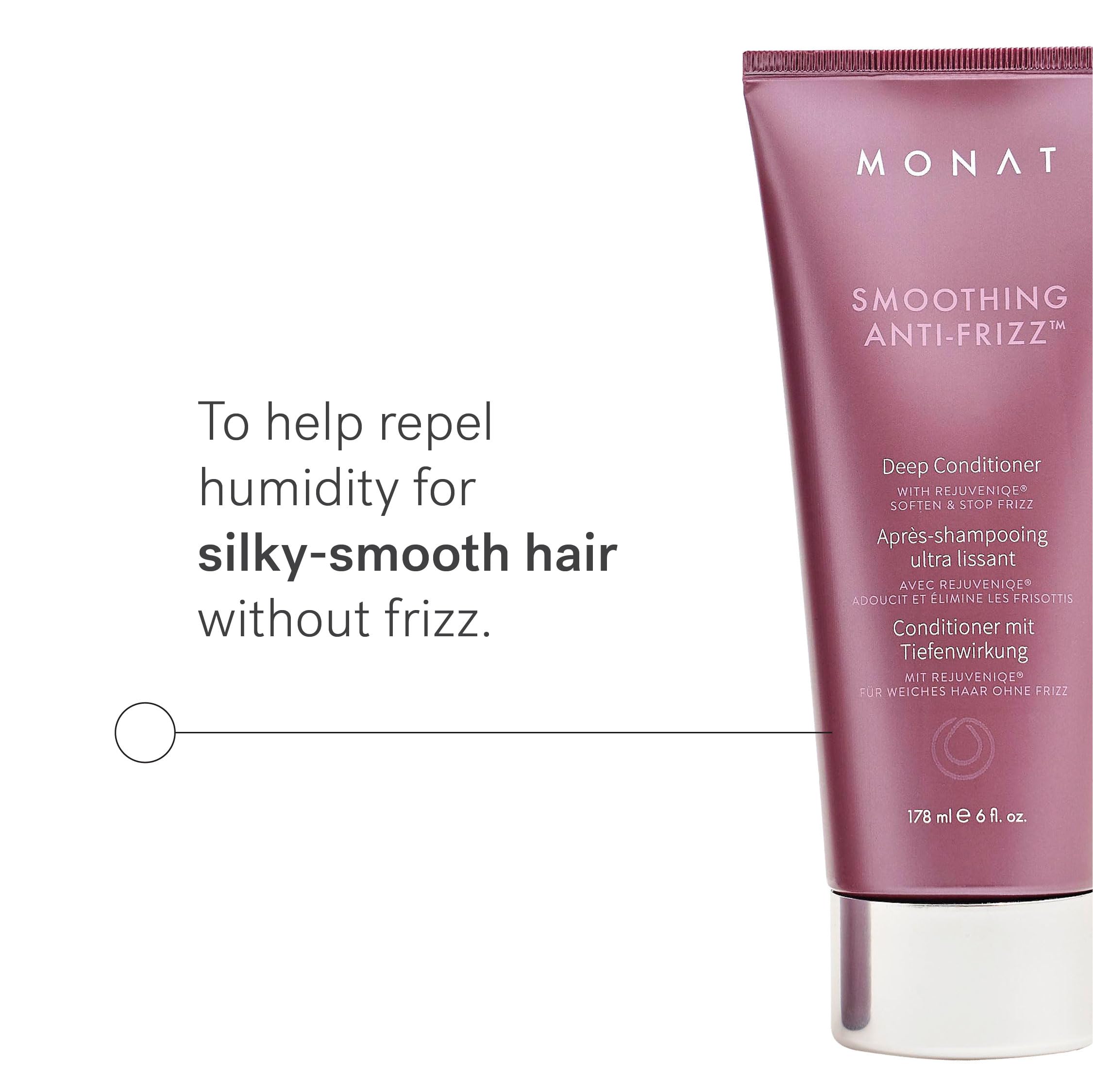 MONAT smoothing deep conditioner pump simplifies application for even frizz control.