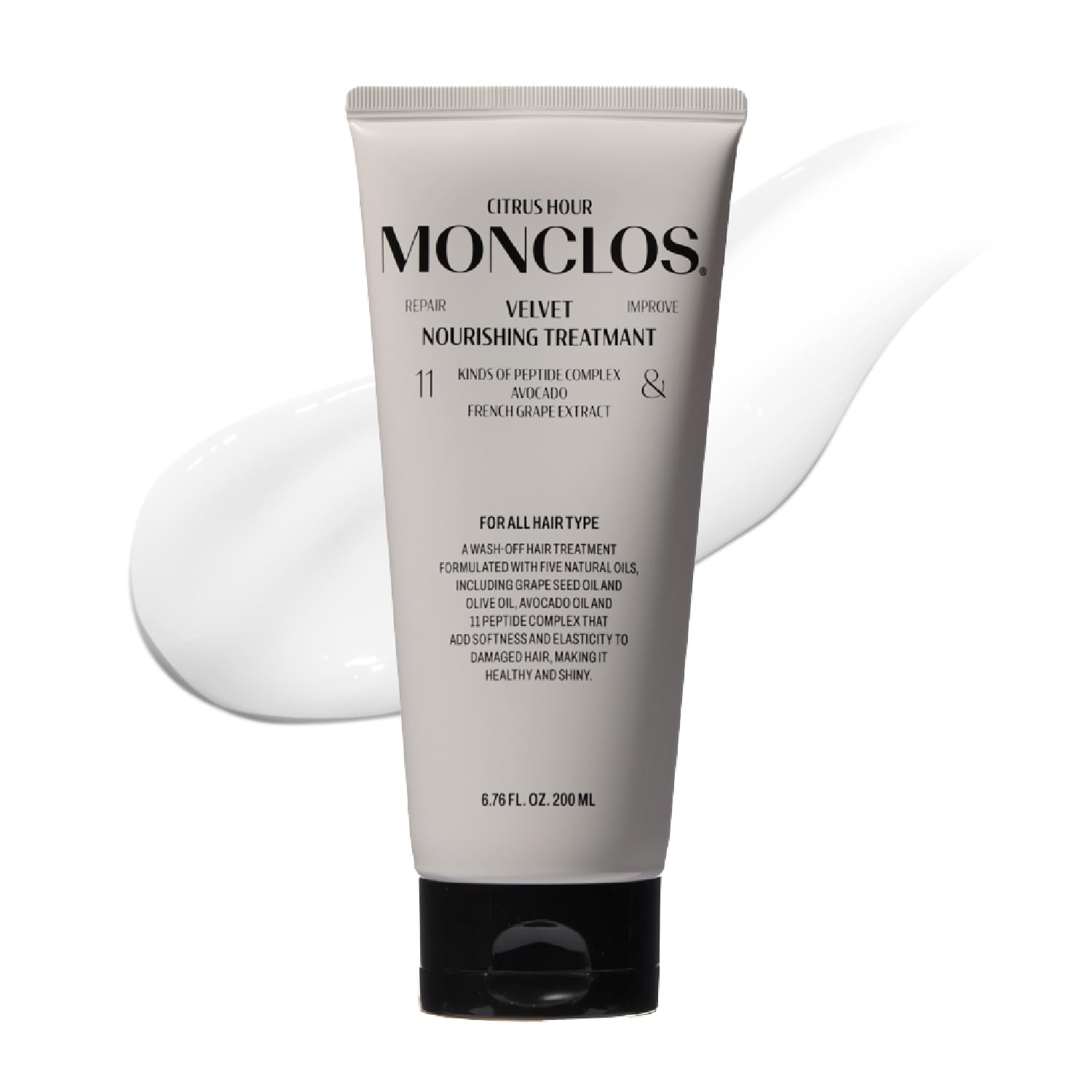 Monclos Velvet Hair Treatment bottle on display, promising daily nourishment for hair.
