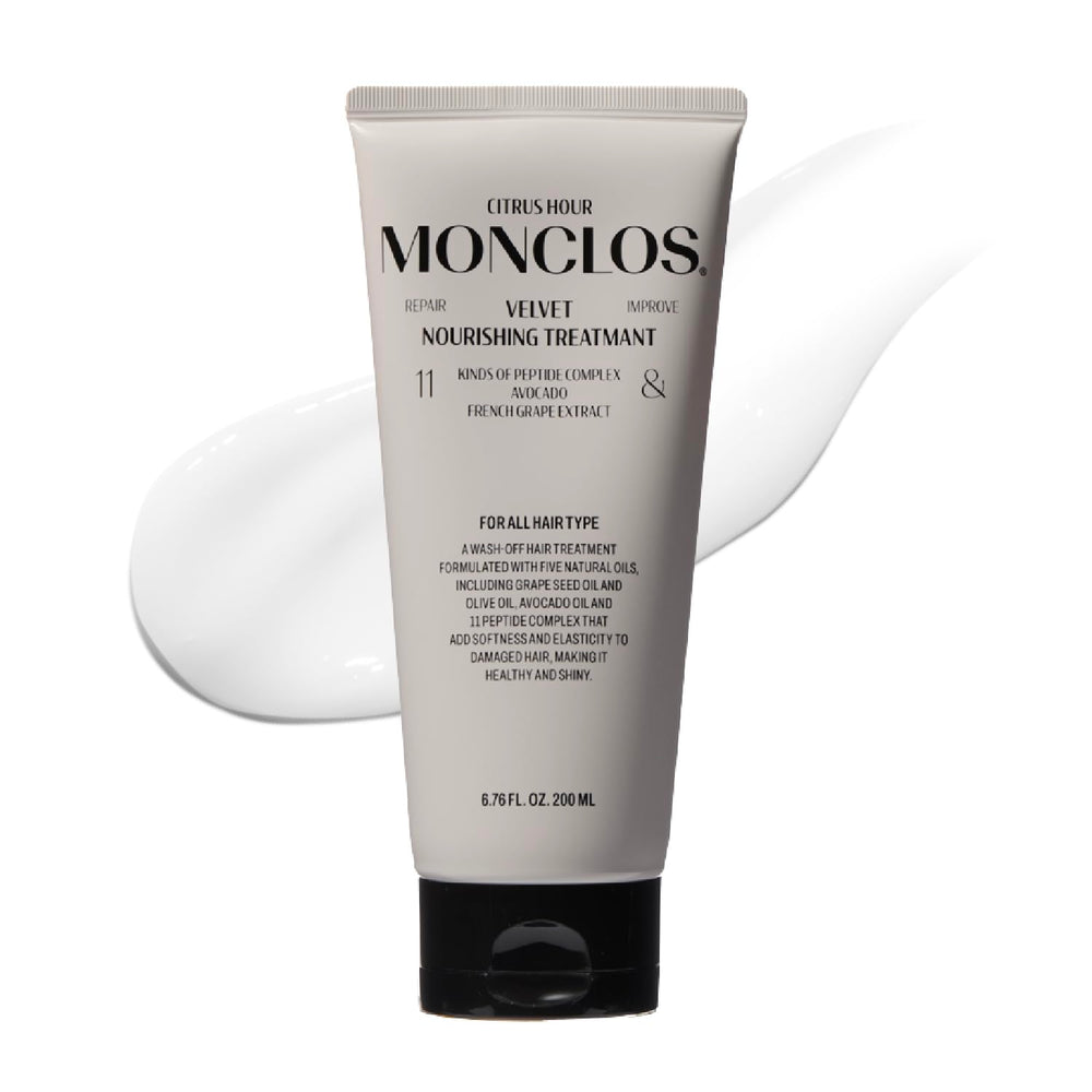 Monclos Velvet Hair Treatment bottle on display, promising daily nourishment for hair.