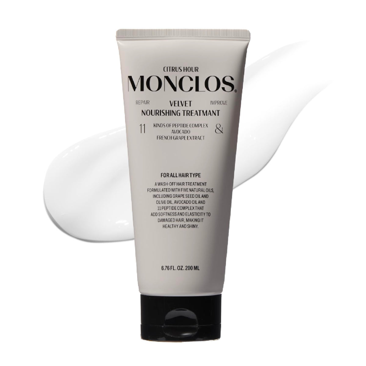 Monclos Velvet Hair Treatment bottle on display, promising daily nourishment for hair.