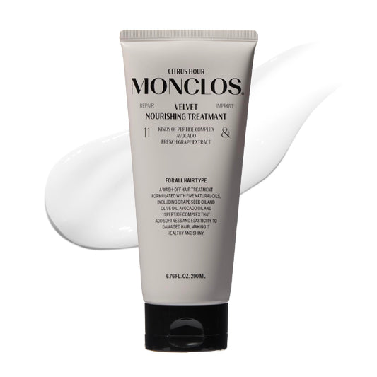 Monclos Velvet Hair Treatment bottle on display, promising daily nourishment for hair.