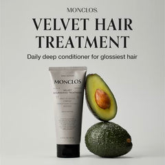 Monclos Velvet Hair Treatment pump dispensing lightweight formula for regular use.