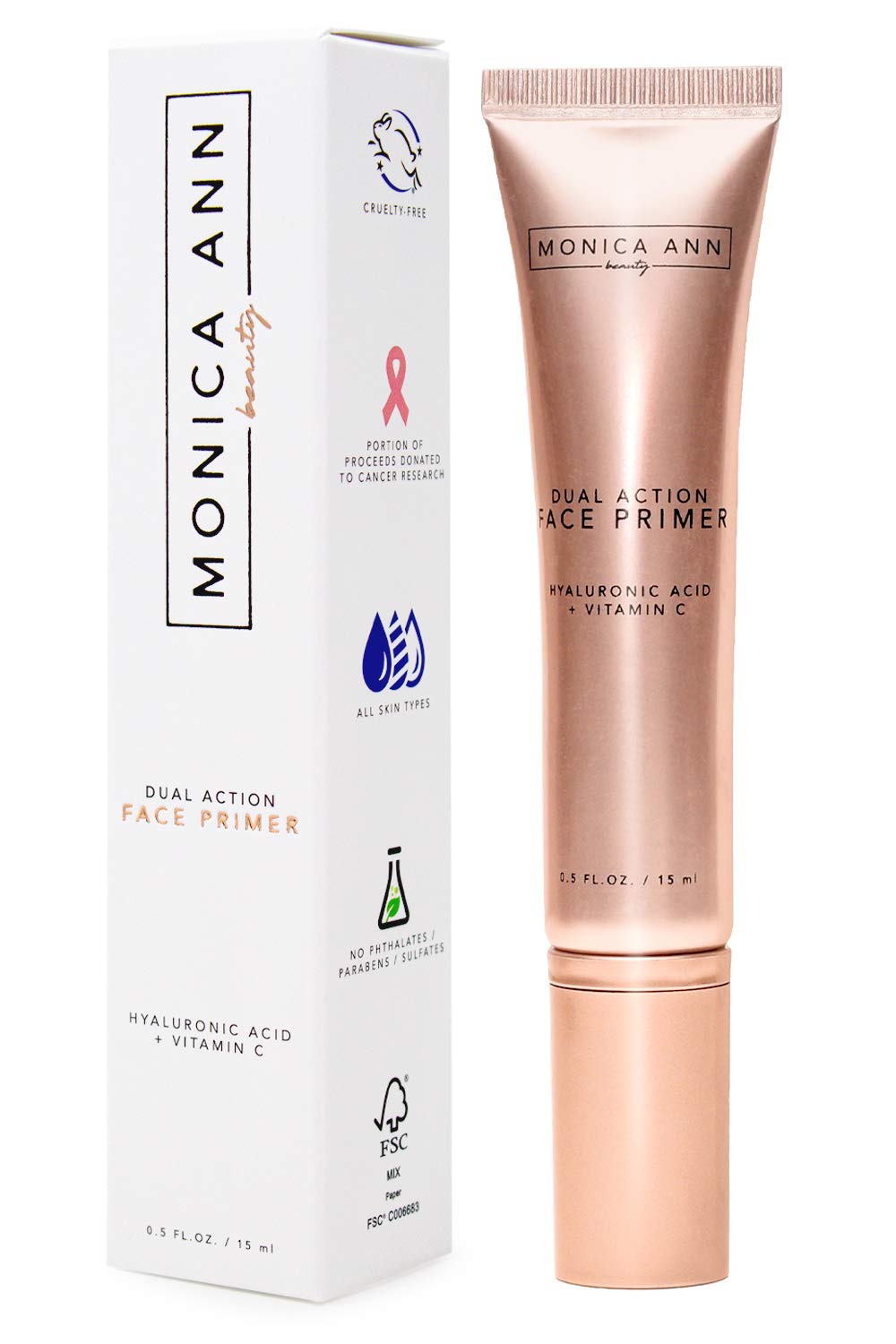 Monica Ann Beauty Dual-Action Face Primer bottle pump provides a smooth makeup base.