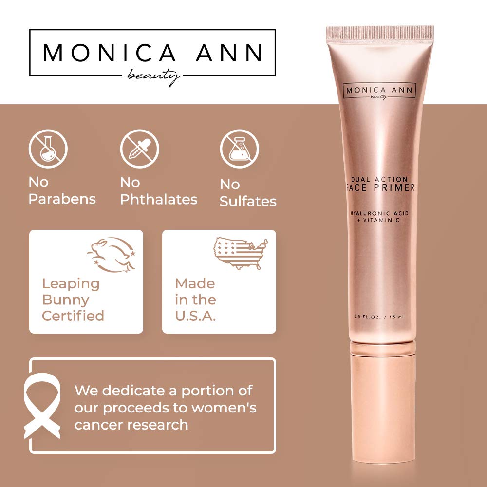 Monica Ann Beauty Dual-Action Face Primer packaging close-up highlights travel-friendly bottle.