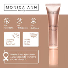 Monica Ann Beauty Dual-Action Face Primer packaging close-up highlights travel-friendly bottle.