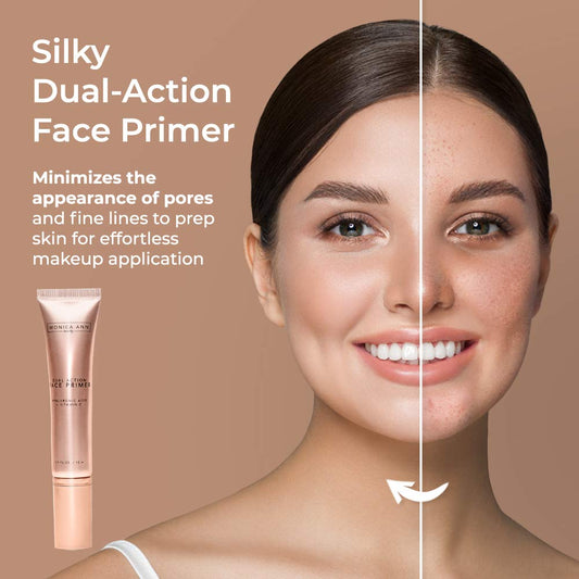 Monica Ann Beauty Dual-Action Face Primer texture swirl shows silky formula for even application.