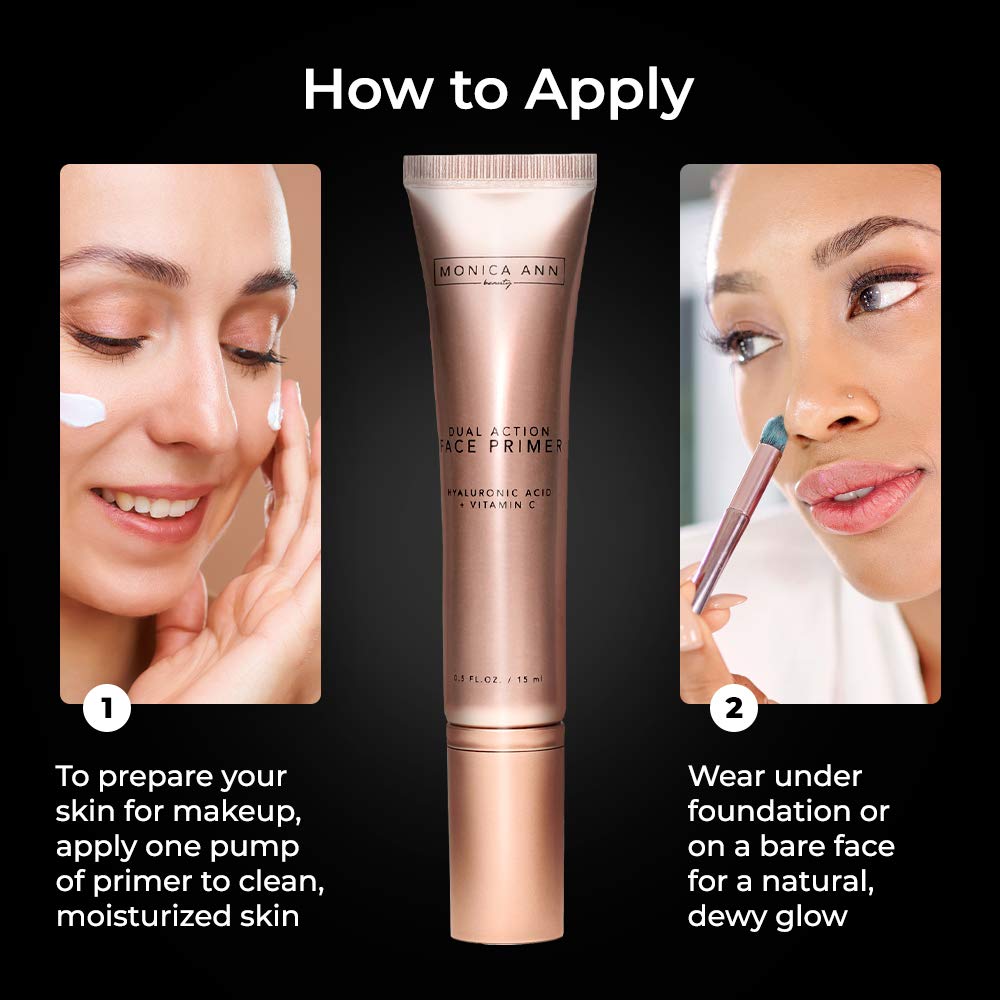 Monica Ann Beauty Dual-Action Face Primer under-makeup finish suggests long-wear base.