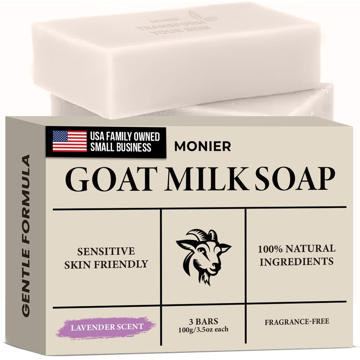 MONIER goat milk soap lavender 3-pack packaging showcasing natural care for sensitive skin