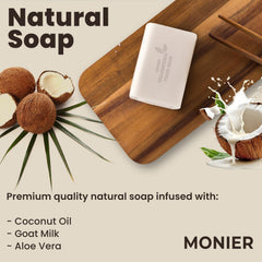 MONIER lavender goat milk soap bar closeup emphasizing creamy lather and soothing hydration