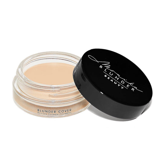 Monika Blunder Beauty Blunder Cover bottle shows travel-friendly foundation-concealer for on-the-go touch-ups.