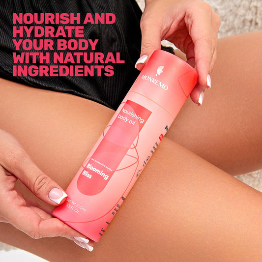 MONREMO Nourishing Body Oil closeup highlighting premium packaging and glow