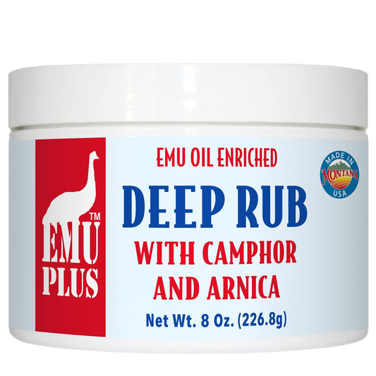 Montana Emu Ranch EMUPlus Deep Rub jar, front view, ideal for active athletes.