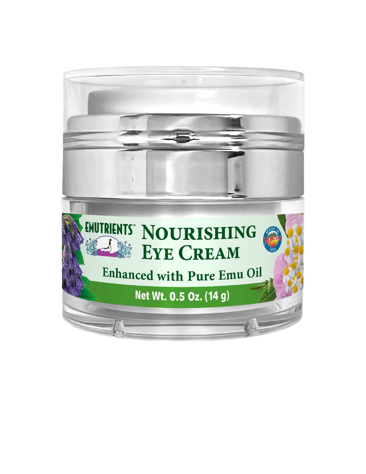 Montana Emu Ranch eye cream bottle delivers hydrating support for delicate eye skin.
