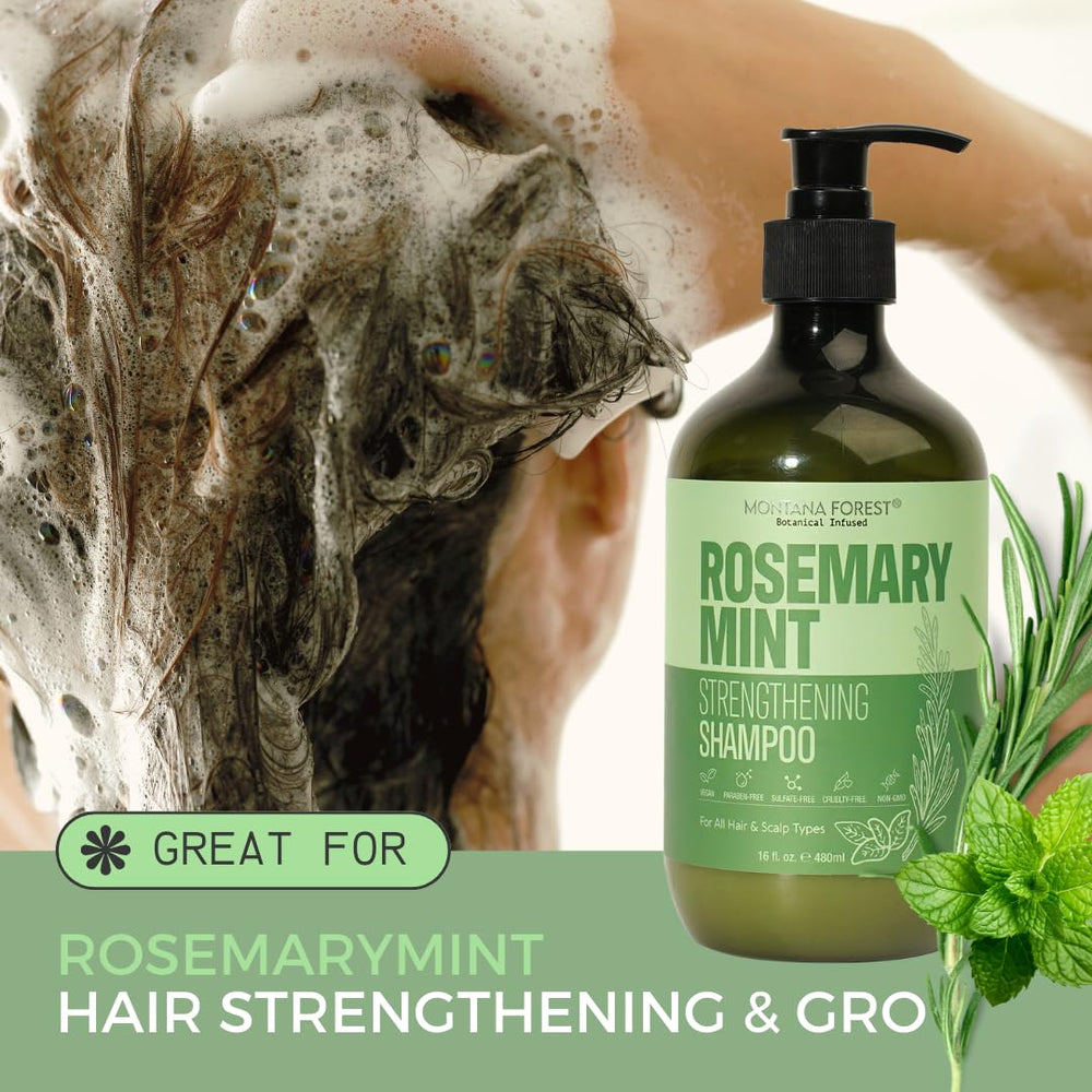 MONTANA FOREST Rosemary Mint Strengthening Shampoo lather close-up highlighting cleansing action and hair vitality