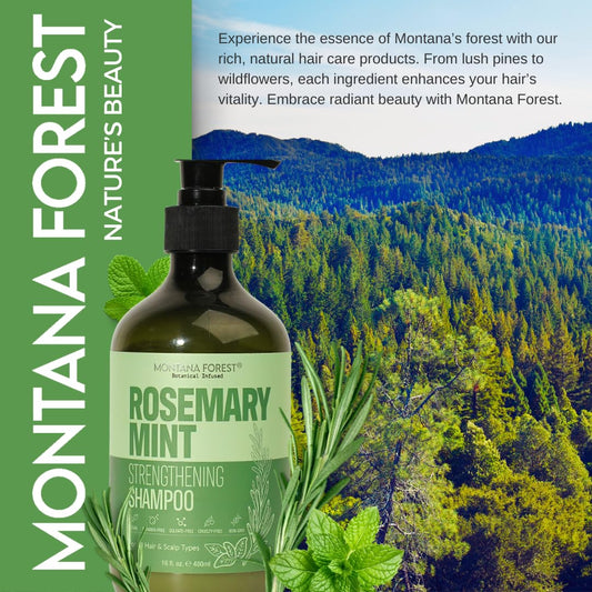 MONTANA FOREST Rosemary Mint Strengthening Shampoo pour showing natural formula ideal for scalp rejuvenation