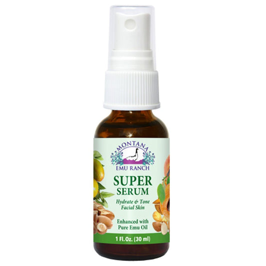 Montana Gold Montana Emu Ranch Super Serum bottle on vanity for daily hydration.