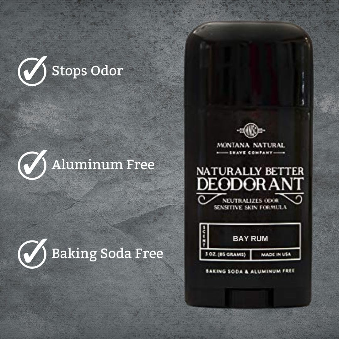 Montana Natural Shave Co. Bay Rum Deodorant label close-up with ingredient transparency.