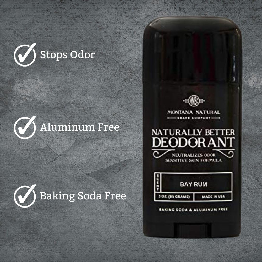 Montana Natural Shave Co. Bay Rum Deodorant label close-up with ingredient transparency.