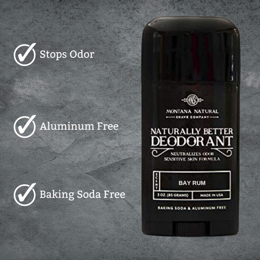 Montana Natural Shave Co. Bay Rum Deodorant label close-up with ingredient transparency.