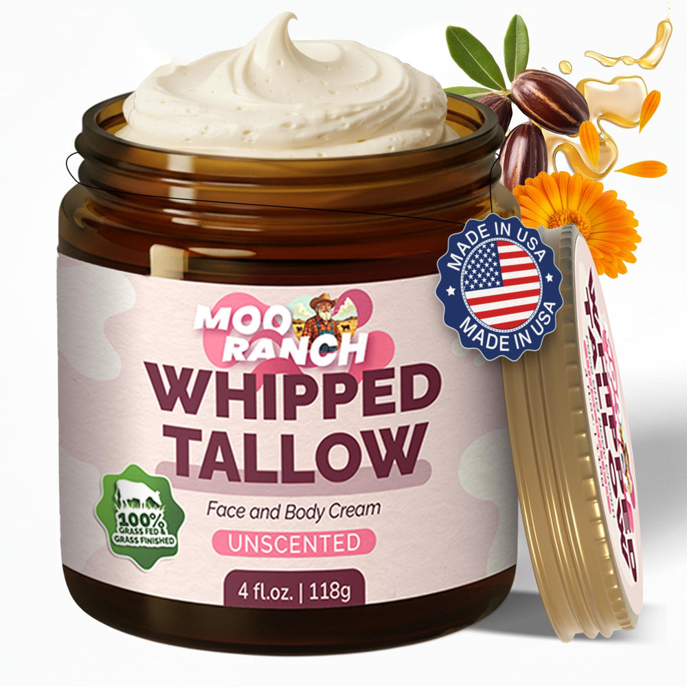 Moo Ranch whipped tallow face jar shows deep hydration for dry skin.